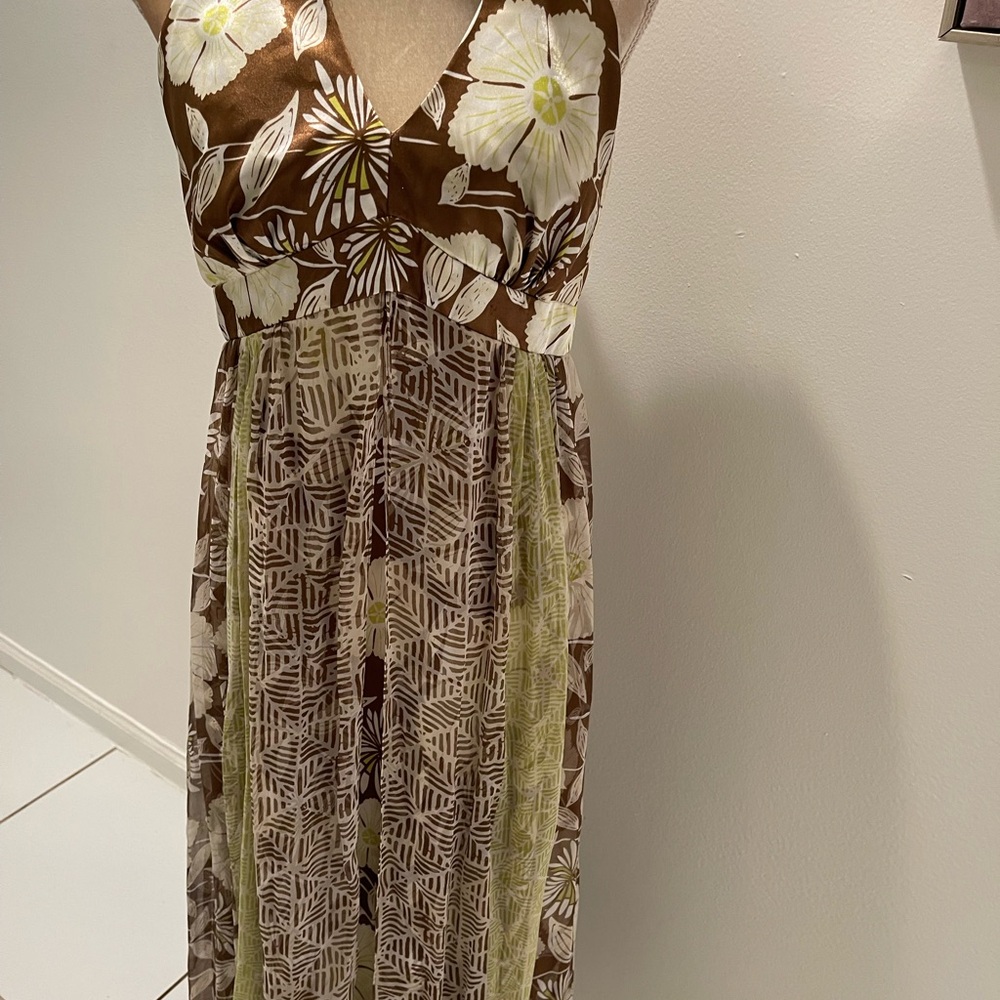 Signature by Robbie Bee Silk Brown Floral & Cream Maxi Dress with Sage Accents